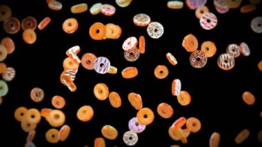 Siyah arka planda bir sürü renkli çörek uçurmak. Çörek, şekerleme, tatlı. Donut dönüşünün 3 boyutlu animasyonu. Döngü canlandırması.