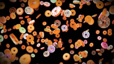 Siyah arka planda bir sürü renkli çörek uçurmak. Çörek, şekerleme, tatlı. Donut dönüşünün 3 boyutlu animasyonu. Döngü canlandırması.