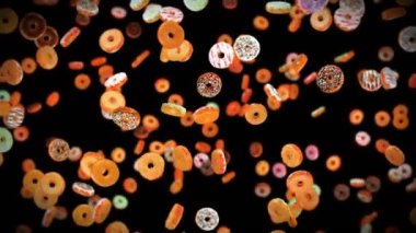 Siyah arka planda bir sürü renkli çörek uçurmak. Çörek, şekerleme, tatlı. Donut dönüşünün 3 boyutlu animasyonu. Döngü canlandırması.