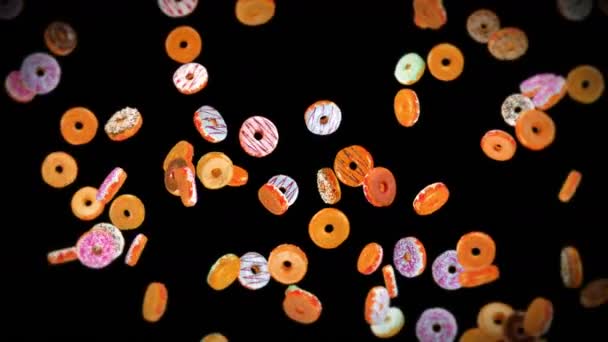 Voando Muitos Donuts Coloridos Fundo Preto Bolo Donuts Doces Sobremesa — Vídeo de Stock