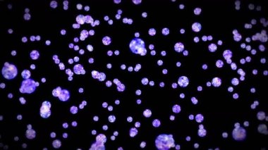 Siyah arka planda bir sürü berrak kristal küre uçuyor. Şeffaf, renkli camlar. Parlak topun dönüşünün 3 boyutlu animasyonu. Döngü canlandırması.