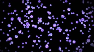 Siyah arka planda bir sürü berrak kristal küre uçuyor. Şeffaf, renkli camlar. Parlak topun dönüşünün 3 boyutlu animasyonu. Döngü canlandırması.