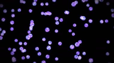 Siyah arka planda bir sürü berrak kristal küre uçuyor. Şeffaf, renkli camlar. Parlak topun dönüşünün 3 boyutlu animasyonu. Döngü canlandırması.