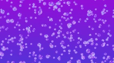 Mor arka planda bir sürü berrak kristal küre uçuyor. Şeffaf, renkli camlar. Parlak topun dönüşünün 3 boyutlu animasyonu. Döngü canlandırması.