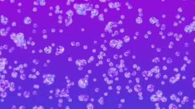 Mor arka planda bir sürü berrak kristal küre uçuyor. Şeffaf, renkli camlar. Parlak topun dönüşünün 3 boyutlu animasyonu. Döngü canlandırması.