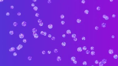 Mor arka planda bir sürü berrak kristal küre uçuyor. Şeffaf, renkli camlar. Parlak topun dönüşünün 3 boyutlu animasyonu. Döngü canlandırması.