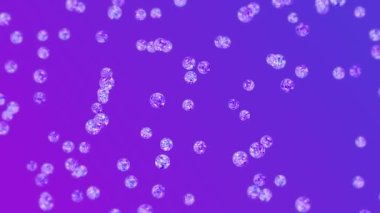 Mor arka planda bir sürü berrak kristal küre uçuyor. Şeffaf, renkli camlar. Parlak topun dönüşünün 3 boyutlu animasyonu. Döngü canlandırması.
