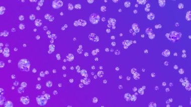 Mor arka planda bir sürü berrak kristal küre uçuyor. Şeffaf, renkli camlar. Parlak topun dönüşünün 3 boyutlu animasyonu. Döngü canlandırması.