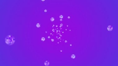 Mor arka planda bir sürü berrak kristal küre uçuyor. Şeffaf, renkli camlar. Parlak topun dönüşünün 3 boyutlu animasyonu. Döngü canlandırması.