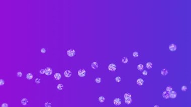 Mor arka planda bir sürü berrak kristal küre uçuyor. Şeffaf, renkli camlar. Parlak topun dönüşünün 3 boyutlu animasyonu. Döngü canlandırması.