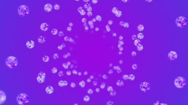 Mor arka planda bir sürü berrak kristal küre uçuyor. Şeffaf, renkli camlar. Parlak topun dönüşünün 3 boyutlu animasyonu. Döngü canlandırması.