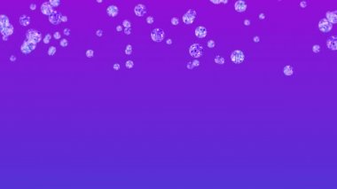 Mor arka planda bir sürü berrak kristal küre uçuyor. Şeffaf, renkli camlar. Parlak topun dönüşünün 3 boyutlu animasyonu. Döngü canlandırması.