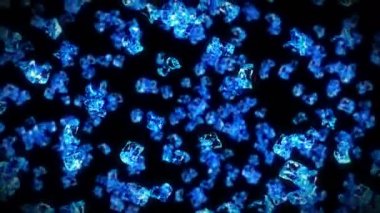 Siyah arka planda pek çok temiz buz küpü uçurmak. Ezilmiş buz parçaları, doğal su. Ezilmiş buzun 3 boyutlu animasyonu. Döngü canlandırması.
