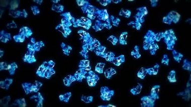 Siyah arka planda pek çok temiz buz küpü uçurmak. Ezilmiş buz parçaları, doğal su. Ezilmiş buzun 3 boyutlu animasyonu. Döngü canlandırması.