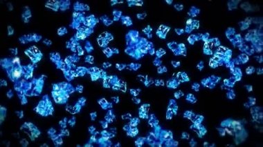 Siyah arka planda pek çok temiz buz küpü uçurmak. Ezilmiş buz parçaları, doğal su. Ezilmiş buzun 3 boyutlu animasyonu. Döngü canlandırması.