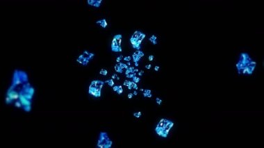 Siyah arka planda pek çok temiz buz küpü uçurmak. Ezilmiş buz parçaları, doğal su. Ezilmiş buzun 3 boyutlu animasyonu. Döngü canlandırması.
