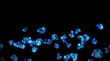 Siyah arka planda pek çok temiz buz küpü uçurmak. Ezilmiş buz parçaları, doğal su. Ezilmiş buzun 3 boyutlu animasyonu. Döngü canlandırması.
