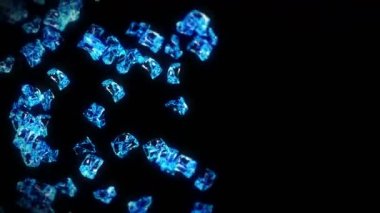 Siyah arka planda pek çok temiz buz küpü uçurmak. Ezilmiş buz parçaları, doğal su. Ezilmiş buzun 3 boyutlu animasyonu. Döngü canlandırması.
