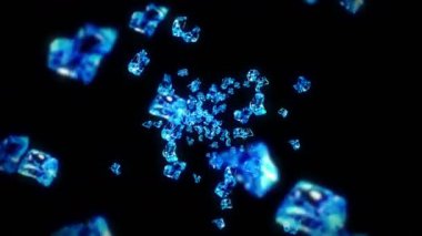 Siyah arka planda pek çok temiz buz küpü uçurmak. Ezilmiş buz parçaları, doğal su. Ezilmiş buzun 3 boyutlu animasyonu. Döngü canlandırması.