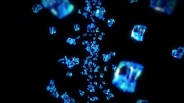 Siyah arka planda pek çok temiz buz küpü uçurmak. Ezilmiş buz parçaları, doğal su. Ezilmiş buzun 3 boyutlu animasyonu. Döngü canlandırması.