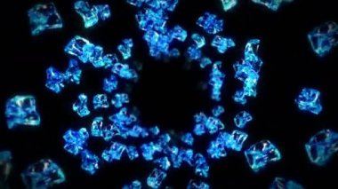 Siyah arka planda pek çok temiz buz küpü uçurmak. Ezilmiş buz parçaları, doğal su. Ezilmiş buzun 3 boyutlu animasyonu. Döngü canlandırması.