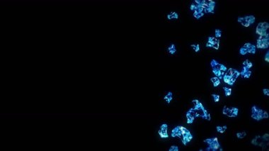 Siyah arka planda pek çok temiz buz küpü uçurmak. Ezilmiş buz parçaları, doğal su. Ezilmiş buzun 3 boyutlu animasyonu. Döngü canlandırması.