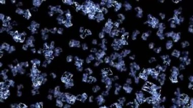 Siyah arka planda pek çok temiz buz küpü uçurmak. Ezilmiş buz parçaları, doğal su. Ezilmiş buzun 3 boyutlu animasyonu. Döngü canlandırması.