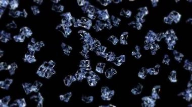 Siyah arka planda pek çok temiz buz küpü uçurmak. Ezilmiş buz parçaları, doğal su. Ezilmiş buzun 3 boyutlu animasyonu. Döngü canlandırması.