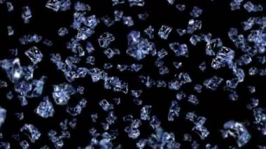 Siyah arka planda pek çok temiz buz küpü uçurmak. Ezilmiş buz parçaları, doğal su. Ezilmiş buzun 3 boyutlu animasyonu. Döngü canlandırması.