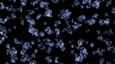 Siyah arka planda pek çok temiz buz küpü uçurmak. Ezilmiş buz parçaları, doğal su. Ezilmiş buzun 3 boyutlu animasyonu. Döngü canlandırması.
