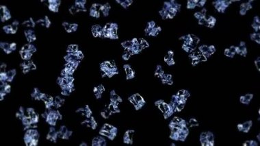 Siyah arka planda pek çok temiz buz küpü uçurmak. Ezilmiş buz parçaları, doğal su. Ezilmiş buzun 3 boyutlu animasyonu. Döngü canlandırması.