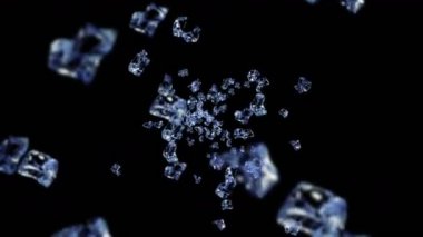 Siyah arka planda pek çok temiz buz küpü uçurmak. Ezilmiş buz parçaları, doğal su. Ezilmiş buzun 3 boyutlu animasyonu. Döngü canlandırması.