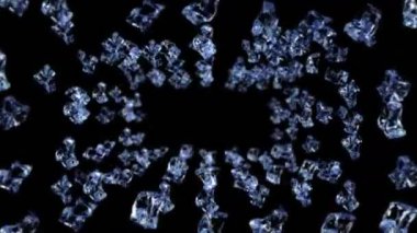 Siyah arka planda pek çok temiz buz küpü uçurmak. Ezilmiş buz parçaları, doğal su. Ezilmiş buzun 3 boyutlu animasyonu. Döngü canlandırması.