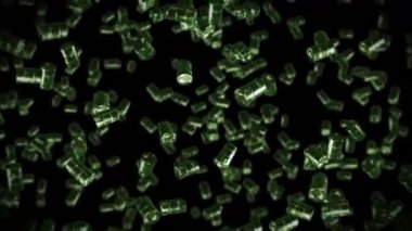 Siyah arka planda bir sürü eski yakıt bidonunu uçurmak. Kimya endüstrisi, metal variller. Yağ tankının dönüşümlü 3 boyutlu animasyonu. Döngü canlandırması.