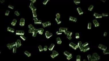 Siyah arka planda bir sürü eski yakıt bidonunu uçurmak. Kimya endüstrisi, metal variller. Yağ tankının dönüşümlü 3 boyutlu animasyonu. Döngü canlandırması.