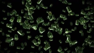 Siyah arka planda bir sürü eski yakıt bidonunu uçurmak. Kimya endüstrisi, metal variller. Yağ tankının dönüşümlü 3 boyutlu animasyonu. Döngü canlandırması.