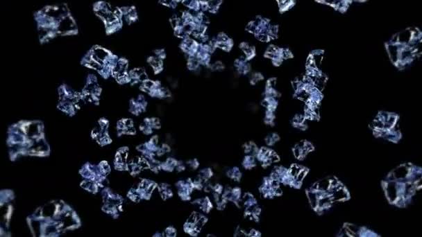 黒の背景に多くのきれいな氷のキューブを飛んで 砕いた氷 天然水の破片 砕いた氷が回転する3Dアニメーション ループアニメーション — ストック動画