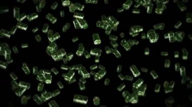 Siyah arka planda bir sürü eski yakıt bidonunu uçurmak. Kimya endüstrisi, metal variller. Yağ tankının dönüşümlü 3 boyutlu animasyonu. Döngü canlandırması.