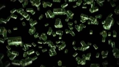 Siyah arka planda bir sürü eski yakıt bidonunu uçurmak. Kimya endüstrisi, metal variller. Yağ tankının dönüşümlü 3 boyutlu animasyonu. Döngü canlandırması.