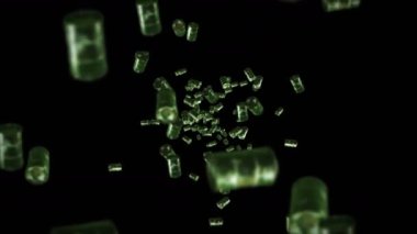 Siyah arka planda bir sürü eski yakıt bidonunu uçurmak. Kimya endüstrisi, metal variller. Yağ tankının dönüşümlü 3 boyutlu animasyonu. Döngü canlandırması.