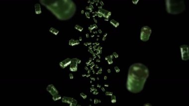 Siyah arka planda bir sürü eski yakıt bidonunu uçurmak. Kimya endüstrisi, metal variller. Yağ tankının dönüşümlü 3 boyutlu animasyonu. Döngü canlandırması.