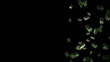 Siyah arka planda bir sürü eski yakıt bidonunu uçurmak. Kimya endüstrisi, metal variller. Yağ tankının dönüşümlü 3 boyutlu animasyonu. Döngü canlandırması.