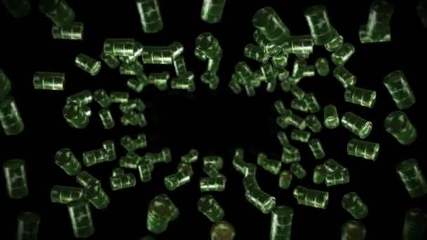 在黑色的背景上飞行着许多旧的燃料桶 化学工业 金属桶 油罐旋转的3D动画 循环动画 — 图库视频影像