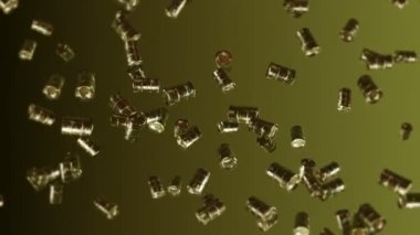 Kahverengi arka planda bir sürü eski yakıt varili uçuruyor. Kimya endüstrisi, metal variller. Yağ tankının dönüşümlü 3 boyutlu animasyonu. Döngü canlandırması.