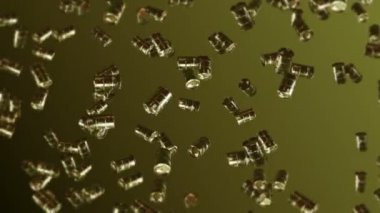 Kahverengi arka planda bir sürü eski yakıt varili uçuruyor. Kimya endüstrisi, metal variller. Yağ tankının dönüşümlü 3 boyutlu animasyonu. Döngü canlandırması.