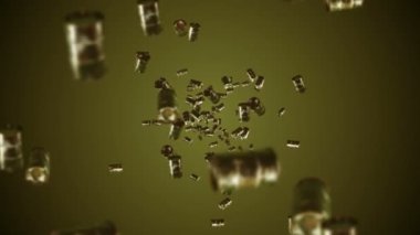 Kahverengi arka planda bir sürü eski yakıt varili uçuruyor. Kimya endüstrisi, metal variller. Yağ tankının dönüşümlü 3 boyutlu animasyonu. Döngü canlandırması.