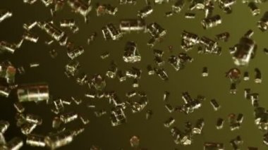 Kahverengi arka planda bir sürü eski yakıt varili uçuruyor. Kimya endüstrisi, metal variller. Yağ tankının dönüşümlü 3 boyutlu animasyonu. Döngü canlandırması.