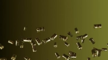 Kahverengi arka planda bir sürü eski yakıt varili uçuruyor. Kimya endüstrisi, metal variller. Yağ tankının dönüşümlü 3 boyutlu animasyonu. Döngü canlandırması.