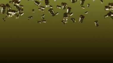 Kahverengi arka planda bir sürü eski yakıt varili uçuruyor. Kimya endüstrisi, metal variller. Yağ tankının dönüşümlü 3 boyutlu animasyonu. Döngü canlandırması.