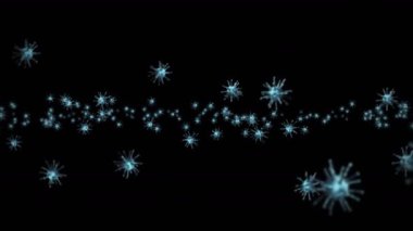 Siyah zemin üzerinde birçok virüs hücresi uçurmak. Tıbbi konsept, mikroskobik çizim. Dönen virüs moleküllerinin 3 boyutlu animasyonu. Döngü canlandırması.